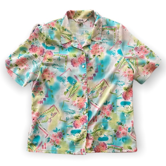 Alia Retro Tropical Hawaiian Bright Multicolor Button Up Blouse SIze 12 - Picture 8 of 9
